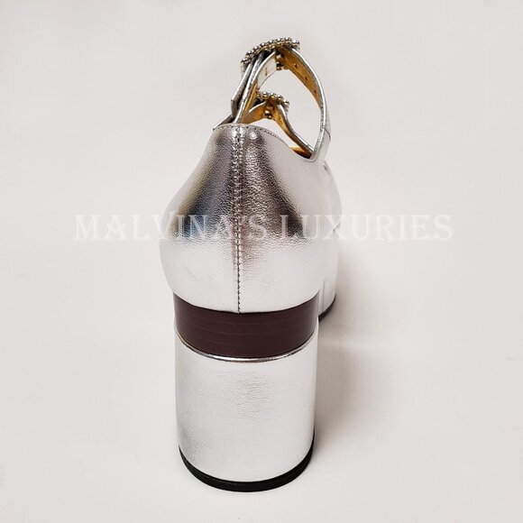 GUCCI SHOES SILVER LEATHER CUT OUT WEDGE PUMP CRYSTAL BUCKLES - Picture 4 of 13